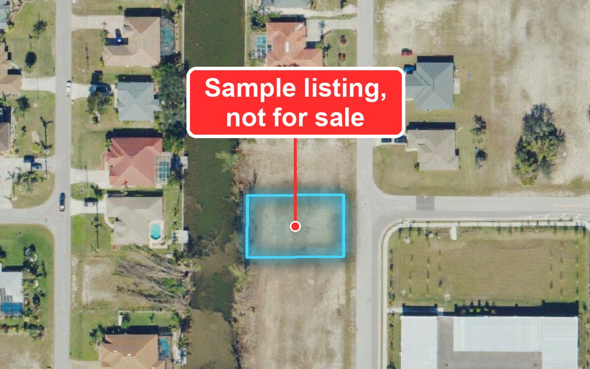 A red pin floating above the sample lot that reads Sample listing, not for sale